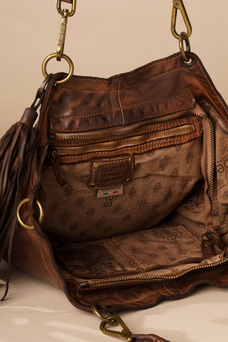 Calla Lily Convertible Hobo Close Up of interior zip pocket - Chocolate Brown |LUSHER