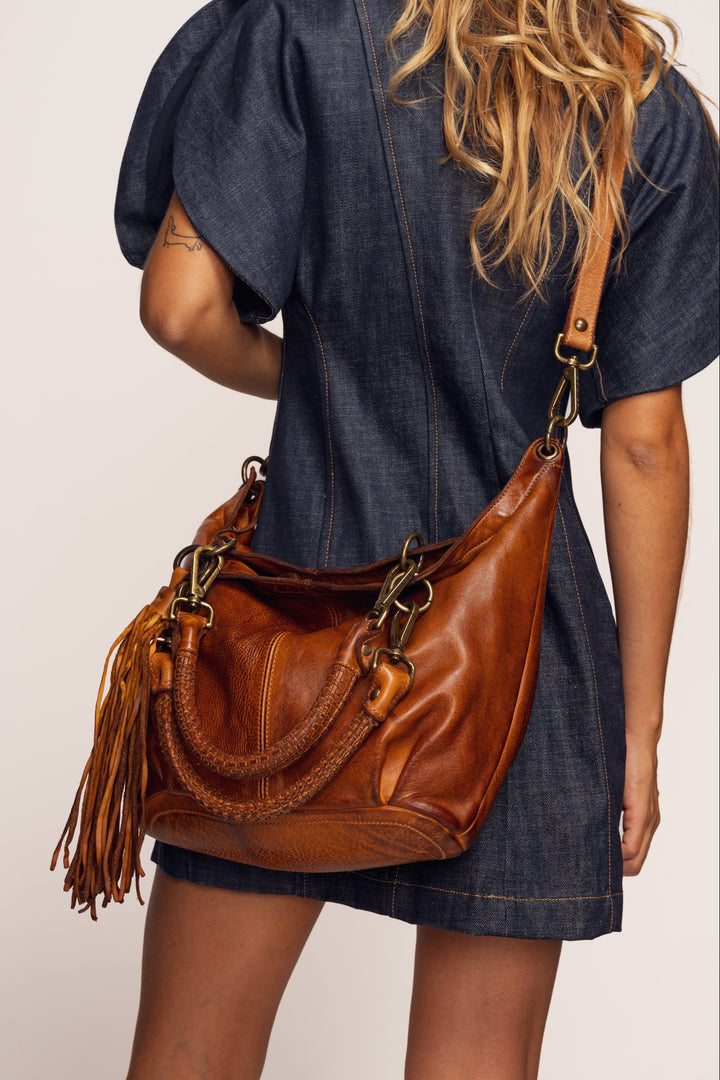 Calla Lily Convertible Hobo - Cognac | LUSHER | Crossbody Slouchy Hobo Style with Fringe Detail