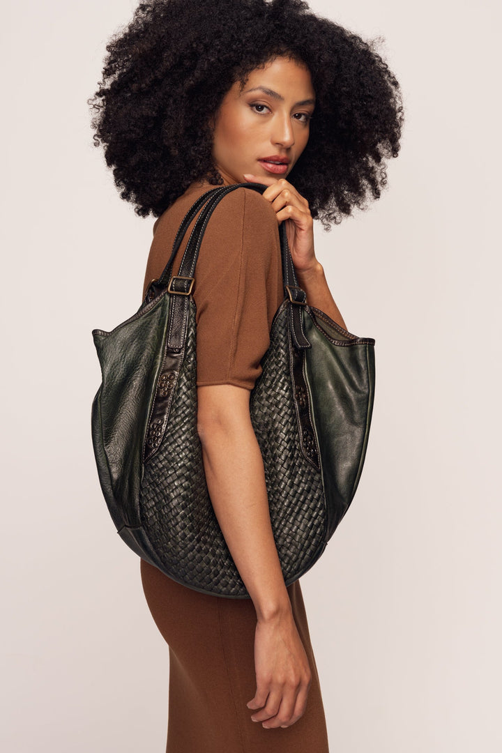 Emilia Handwoven Italian Leather Hobo - Bottle Green | LUSHER, Woven Leather Hobo with Buckle Straps and hand studded details