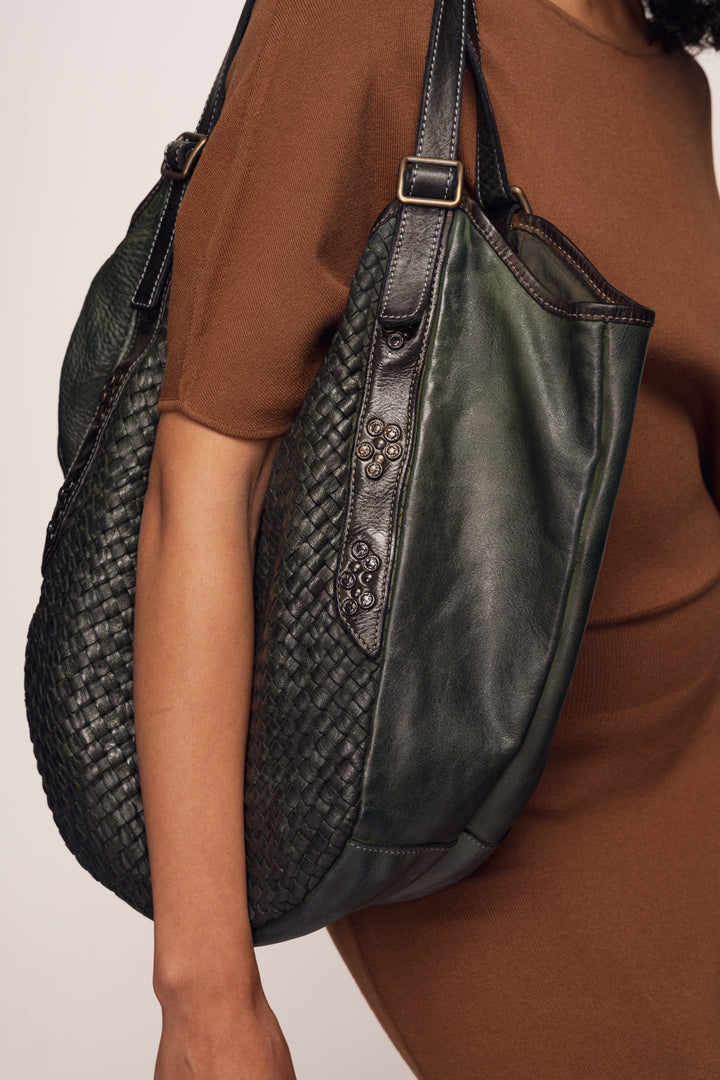 Emilia Handwoven Italian Leather Hobo - Bottle Green | LUSHER, Woven Leather, Studded buckle straps