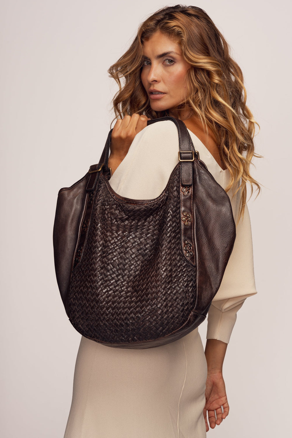 Emilia Handwoven Italian Leather Hobo - Chocolate Brown | LUSHER, Oversized woven leather hobo bag with buckle strap