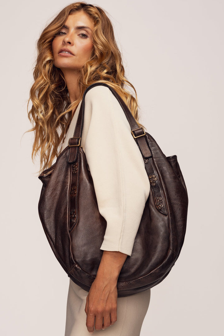 Emilia Handwoven Italian Leather Hobo - Chocolate Brown  | LUSHER, Smooth leather, hand studded, buckle leather straps