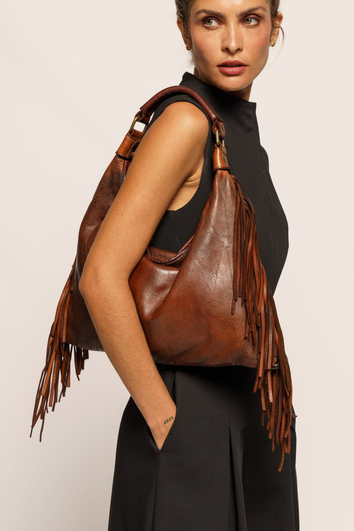 LUSHER BAYSIDE84 FRINGE BAG CIGAR BROWN, FRINGE SHOULDER BAG, SOFT LEATHER SHOULDER BAG, BUTTERY SOFT LEATHER FRINGE BAG