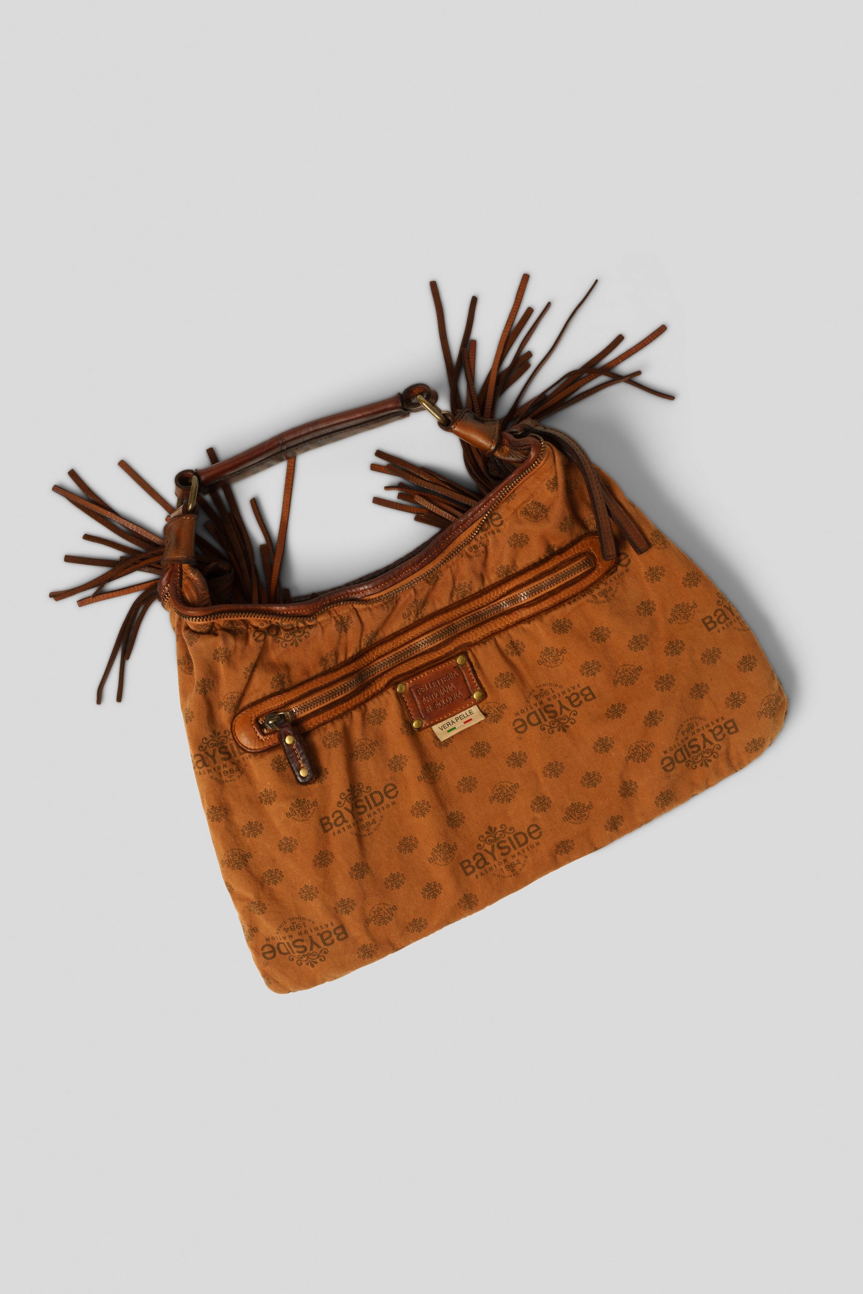 Italian Leather Fringe Hobo Crossbody Bag - Cigar Brown