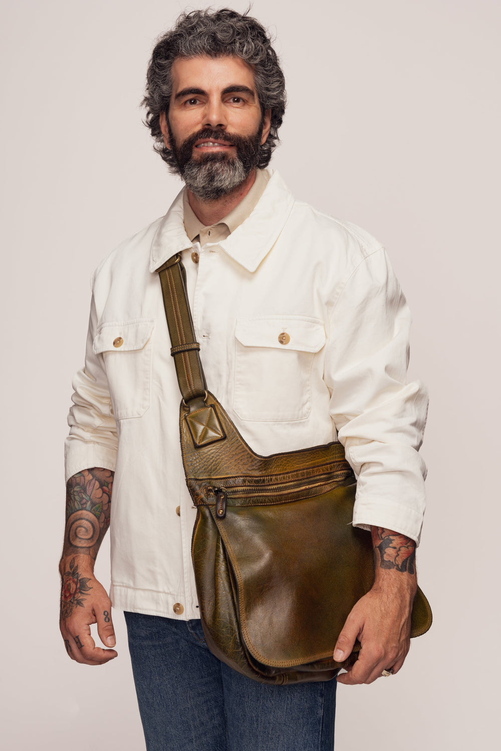 Men's Heritage Leather Saddle Bag - Camouflage | LUSHER | Mens vintage italian leather bags 