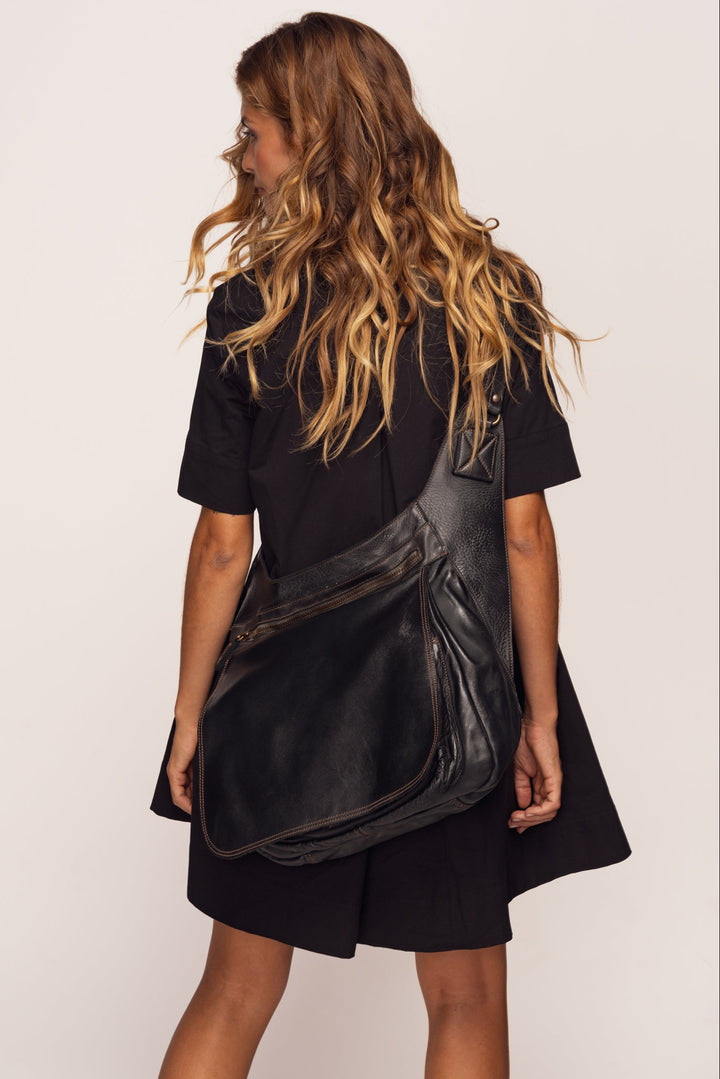 Heritage Leather Saddle Bag - Distressed Black | LUSHER  Vintage Italian Leather Crossbody Saddle Bag