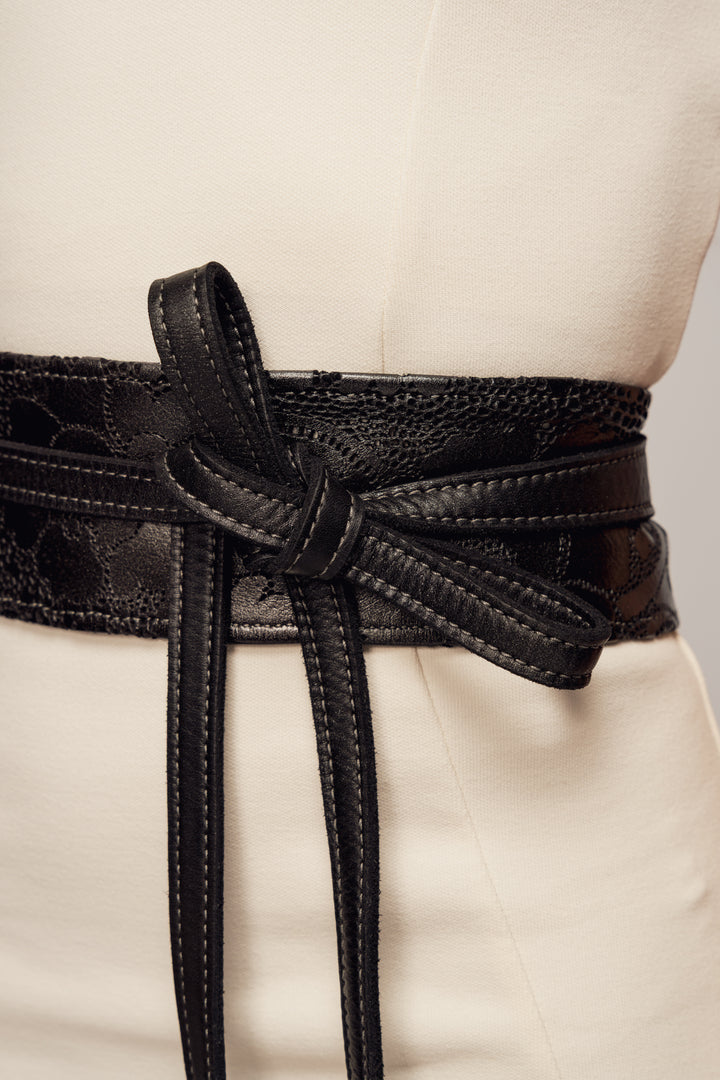 Handcut Leather Lace Wrap Obi Belt - Black