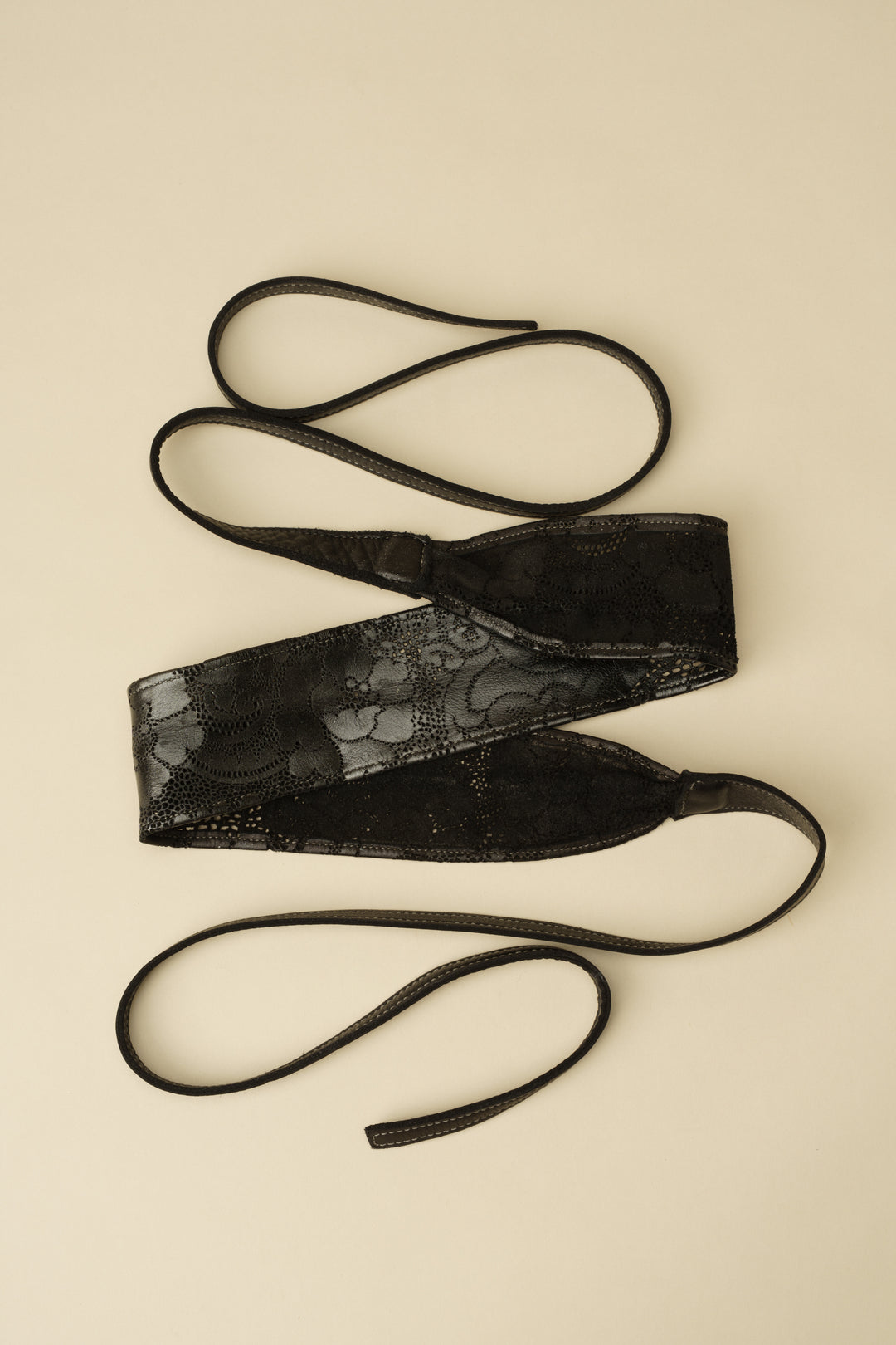 Handcut Leather Lace Wrap Obi Belt - Black