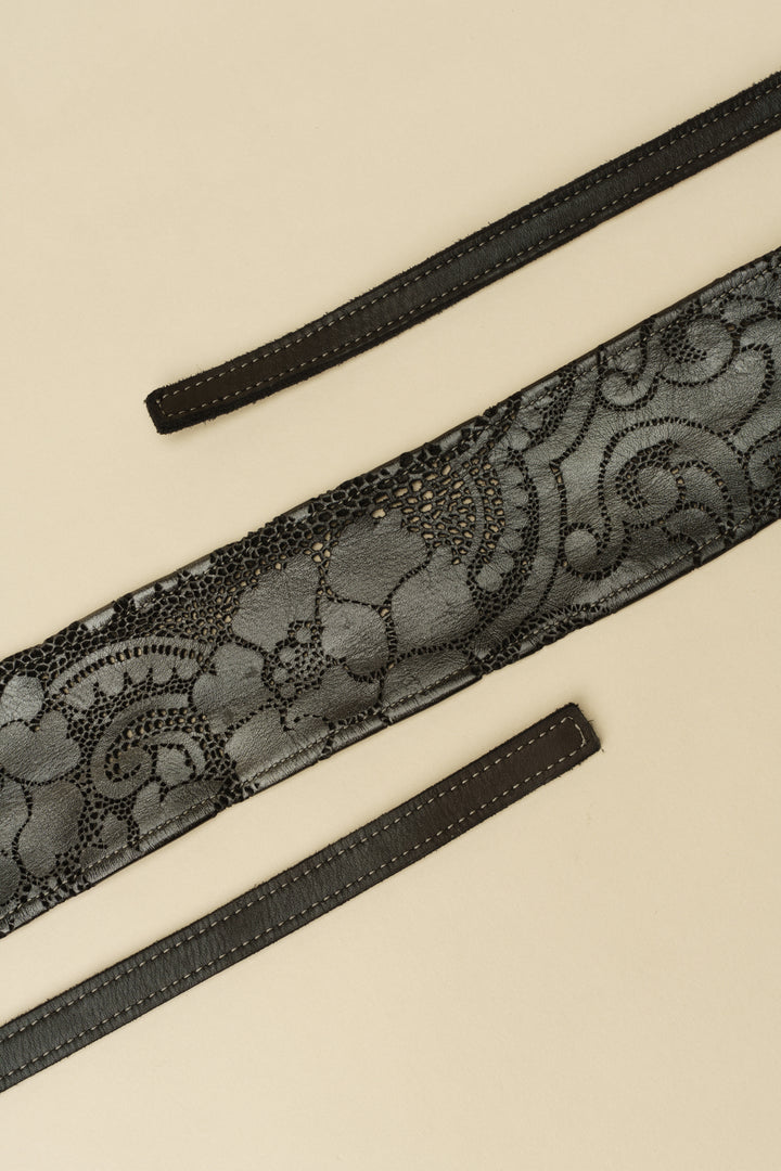 Handcut Leather Lace Wrap Obi Belt - Black