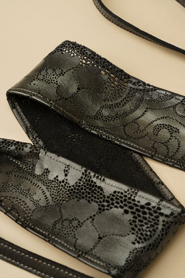 Handcut Leather Lace Wrap Obi Belt - Black