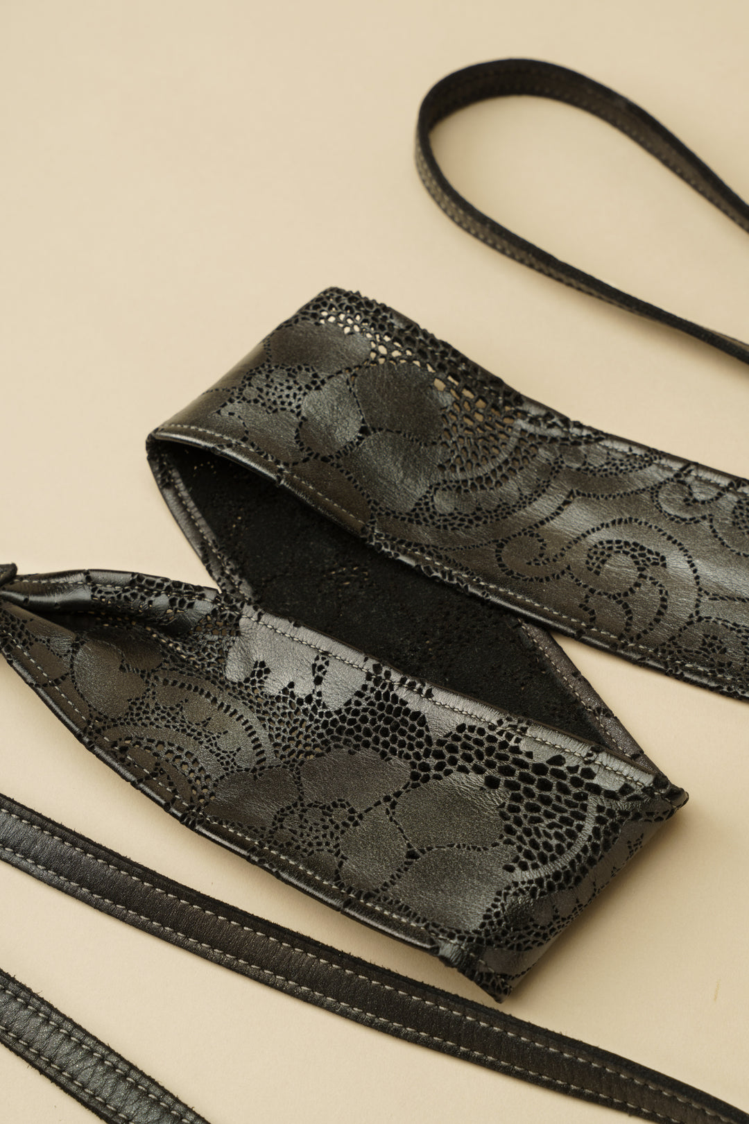 Handcut Leather Lace Wrap Obi Belt - Black