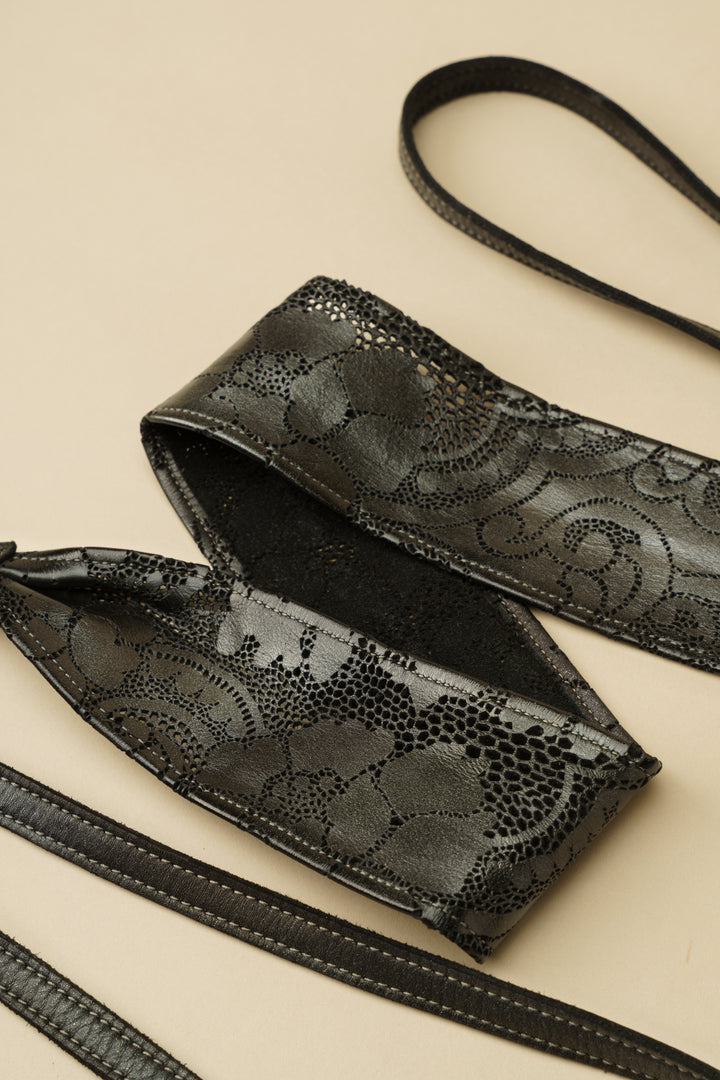 Handcut Leather Lace Wrap Obi Belt - Black