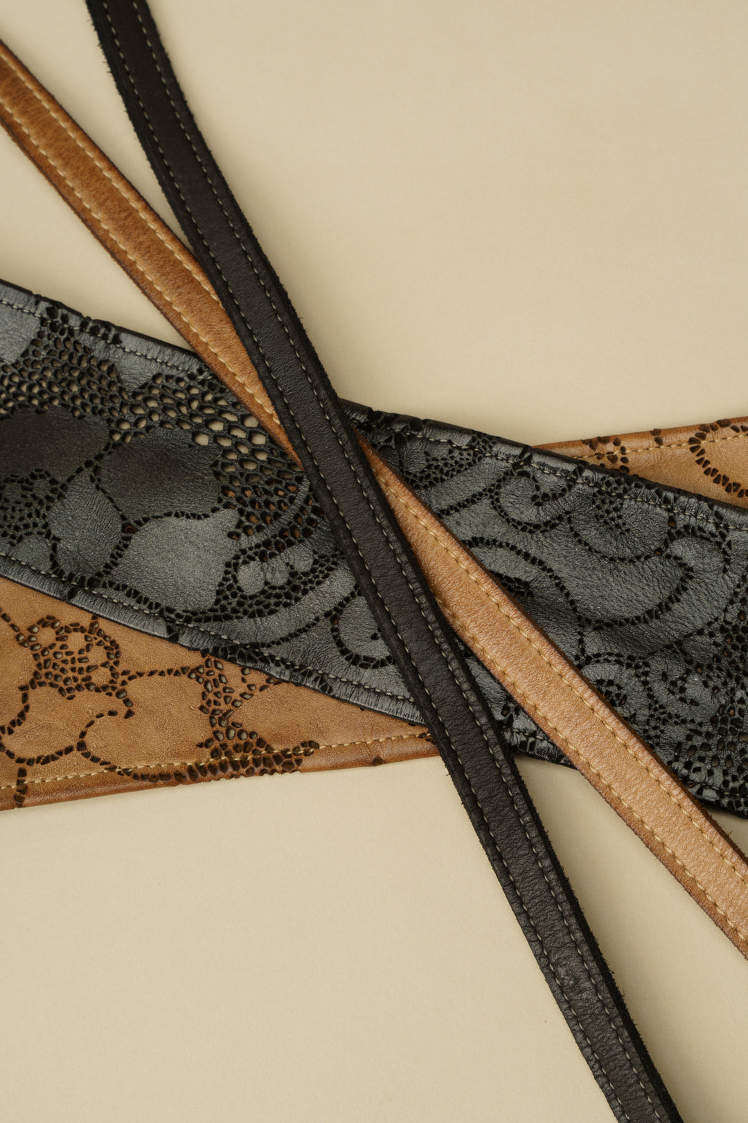 Handcut Leather Lace Wrap Obi Belt - Black