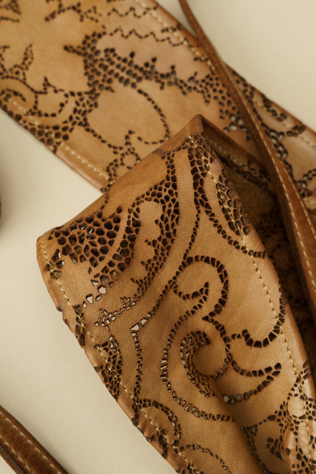 Handcut Leather Lace Wrap Obi Belt - Caramel