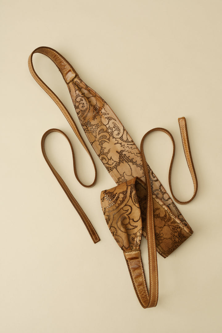 Handcut Leather Lace Wrap Obi Belt - Caramel