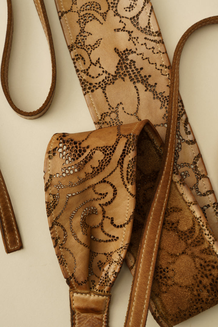 Handcut Leather Lace Wrap Obi Belt - Caramel