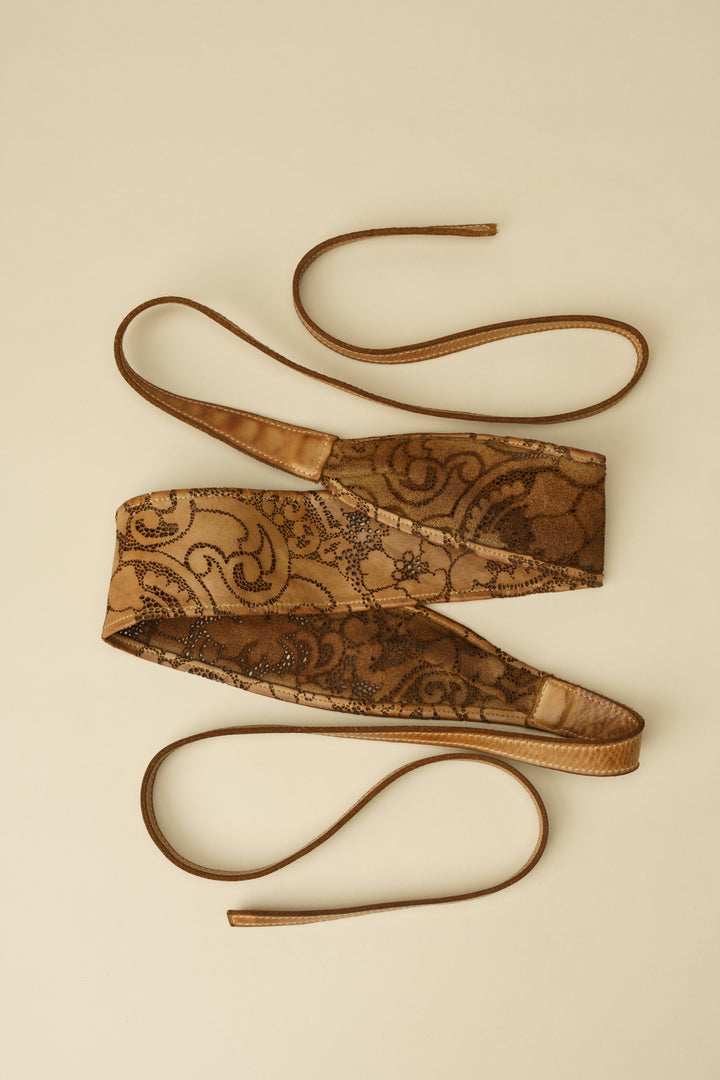 Handcut Leather Lace Wrap Obi Belt - Caramel