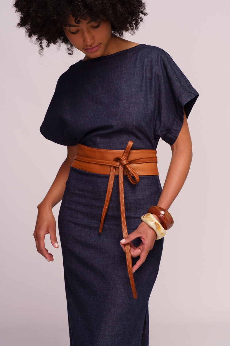 Leather Obi Wrap Belt  - Soft Washed Cognac