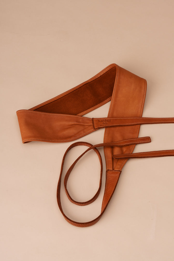 Leather Obi Wrap Belt  - Soft Washed Cognac