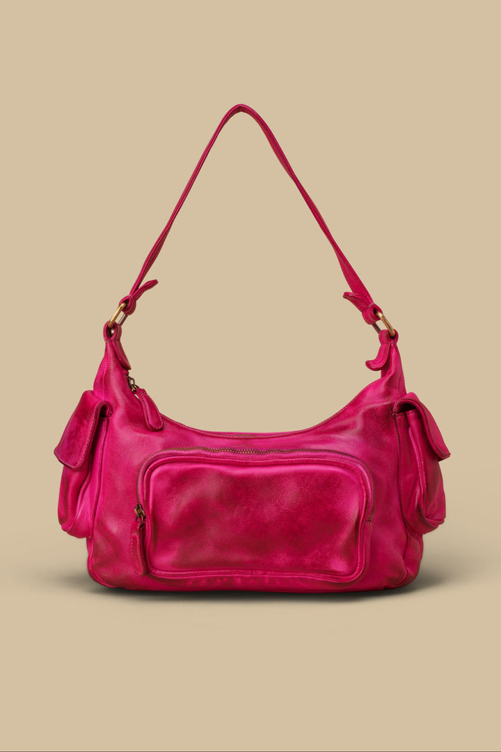 lusher  mini multipocket shoulder bag in fuchsia, fuchsia pink mini bag, multi-pocket shoulder bag and crossbody