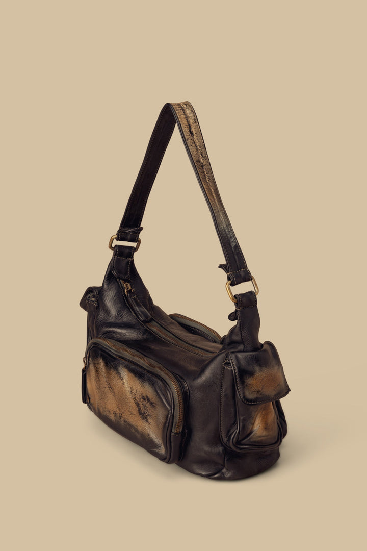 lusher mini  multipocket shoulder bag raw onyx, lusher bags, leather multipocket shoulder bag mini, mini bag