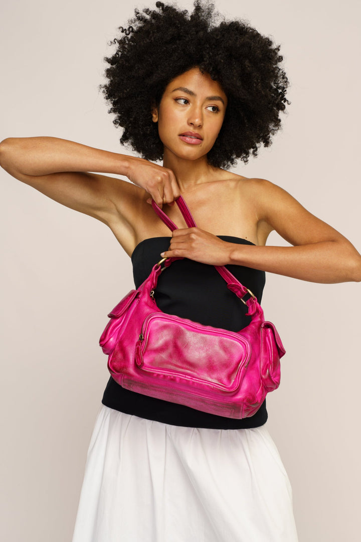 LUSHER MINI MULTIPOCKET SHOULDER BAG IN FUCHSIA, PINK MINI BAG, MULTIPOCKET MINI BAGS