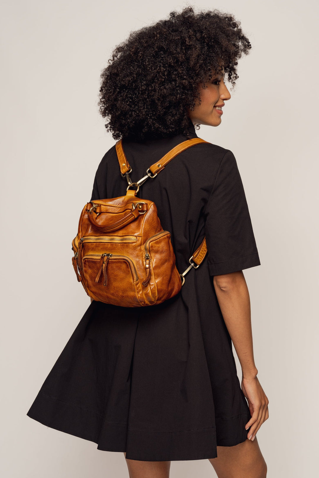 Italian Leather Mini Quest Backpack Purse - Cognac