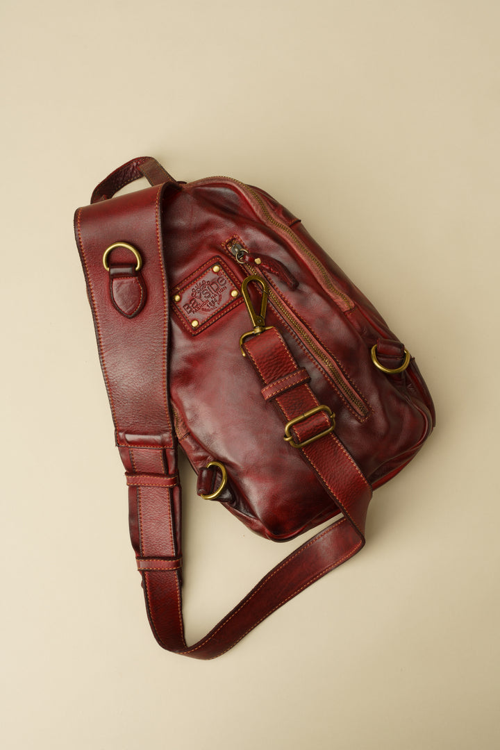 LUSHER MODENA SLING BAG, bordeaux leather sling bag, soft slouchy leather sling bag, vintage leather sling bags, lusher leather sling bags