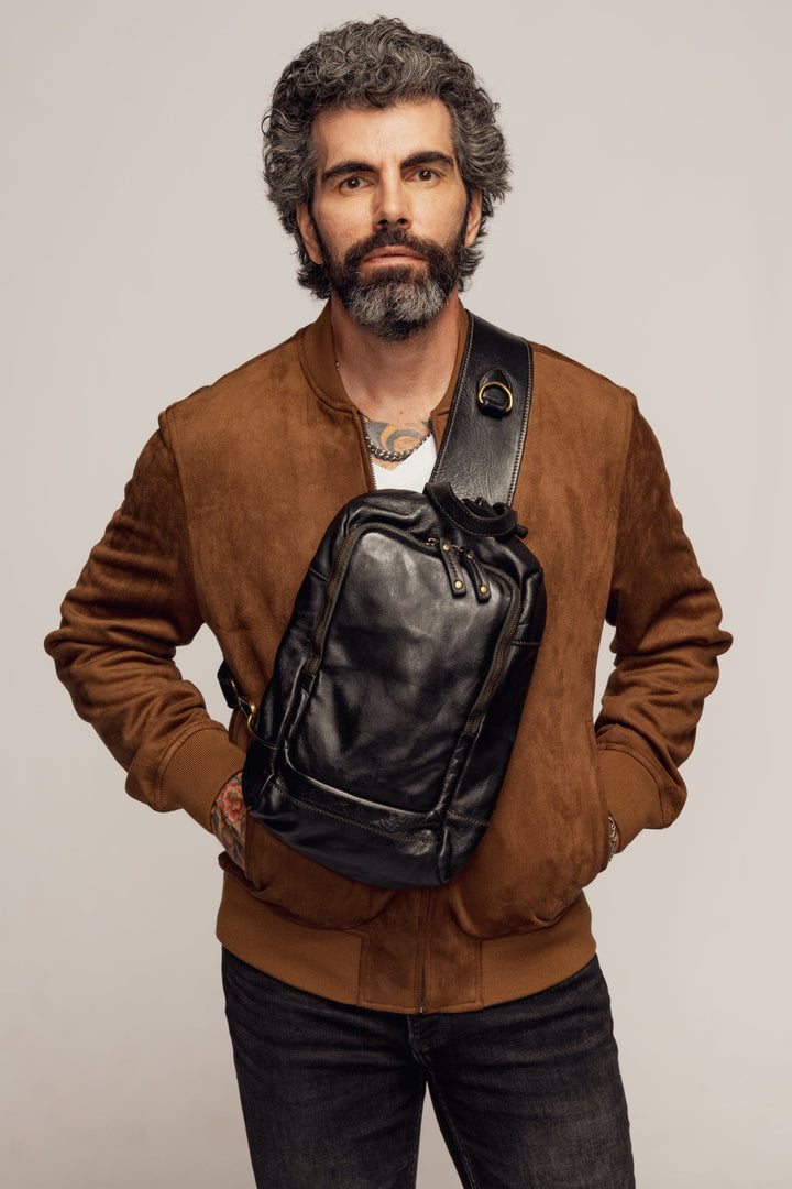 LUSHER.CO MODENA SLING BAG BLACK, MENS BLACK LEATHER SLING BAG, MEN'S BLACK IPAD SLING BAG, MENS SOFT VINTAGE LEATHER BAGS