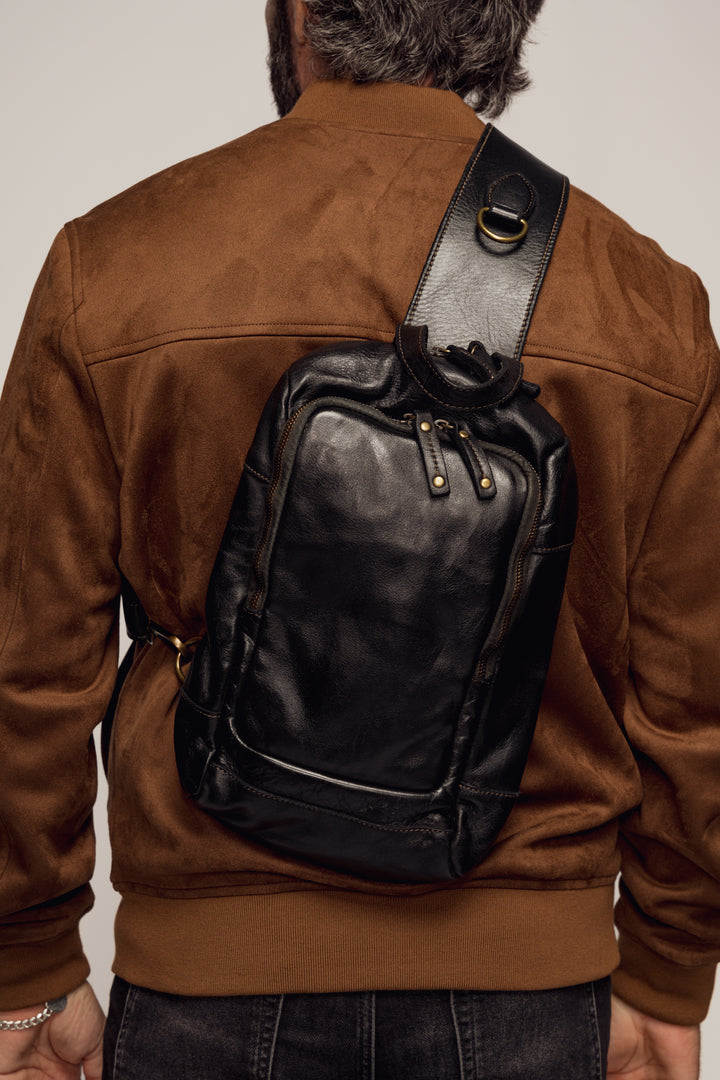 LUSHER.CO MODENA SLING BAG BLACK, MENS BLACK LEATHER SLING BAG, MEN'S BLACK IPAD SLING BAG, MENS SOFT VINTAGE LEATHER BAGS