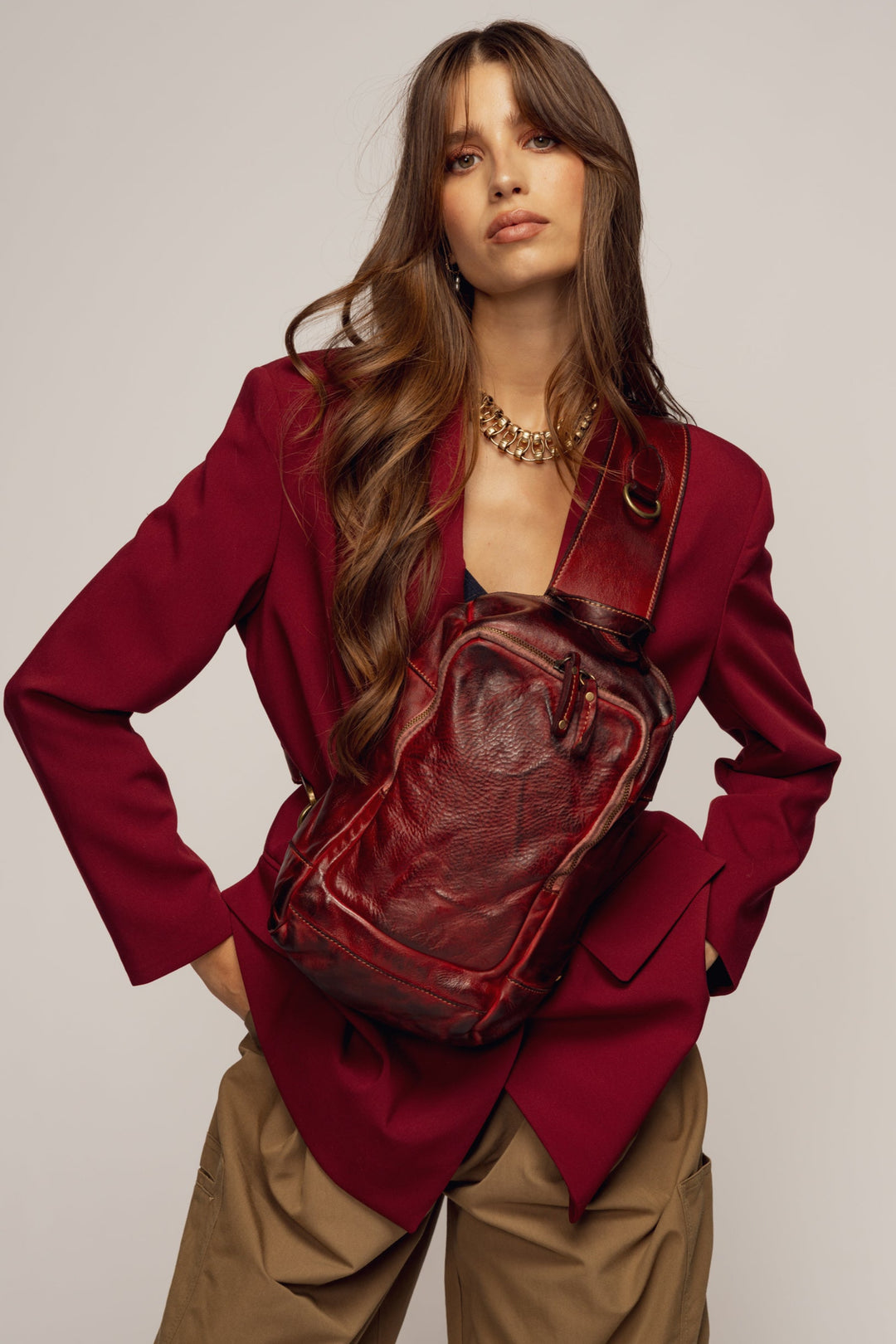 LUSHER MODENA SLING BAG, bordeaux leather sling bag, soft slouchy leather sling bag, vintage leather sling bags, lusher leather sling bags