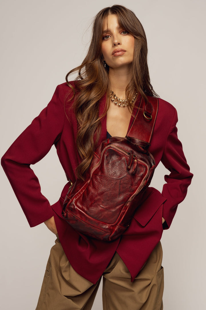LUSHER MODENA SLING BAG, bordeaux leather sling bag, soft slouchy leather sling bag, vintage leather sling bags, lusher leather sling bags