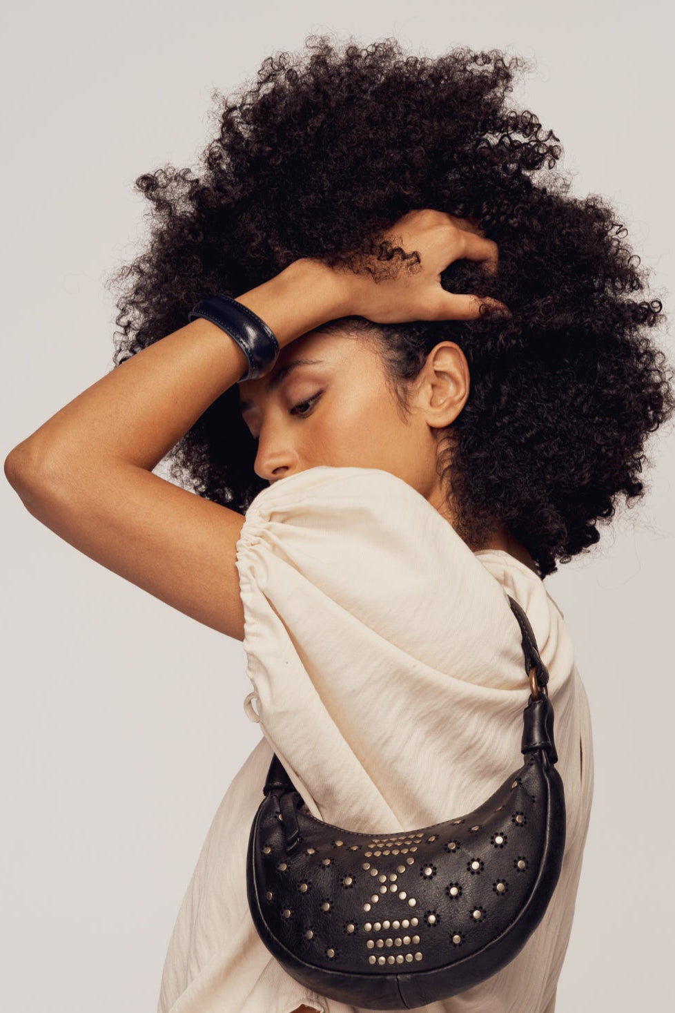 LUSHER MOON BAG BLACK, BLACK LEATHER MINI BAG, MINI MOON BAG BLACK WITH STUDS, LUSHER + BAYSIDE84 COLLAB, STUDDED BLACK LEATHER BAG