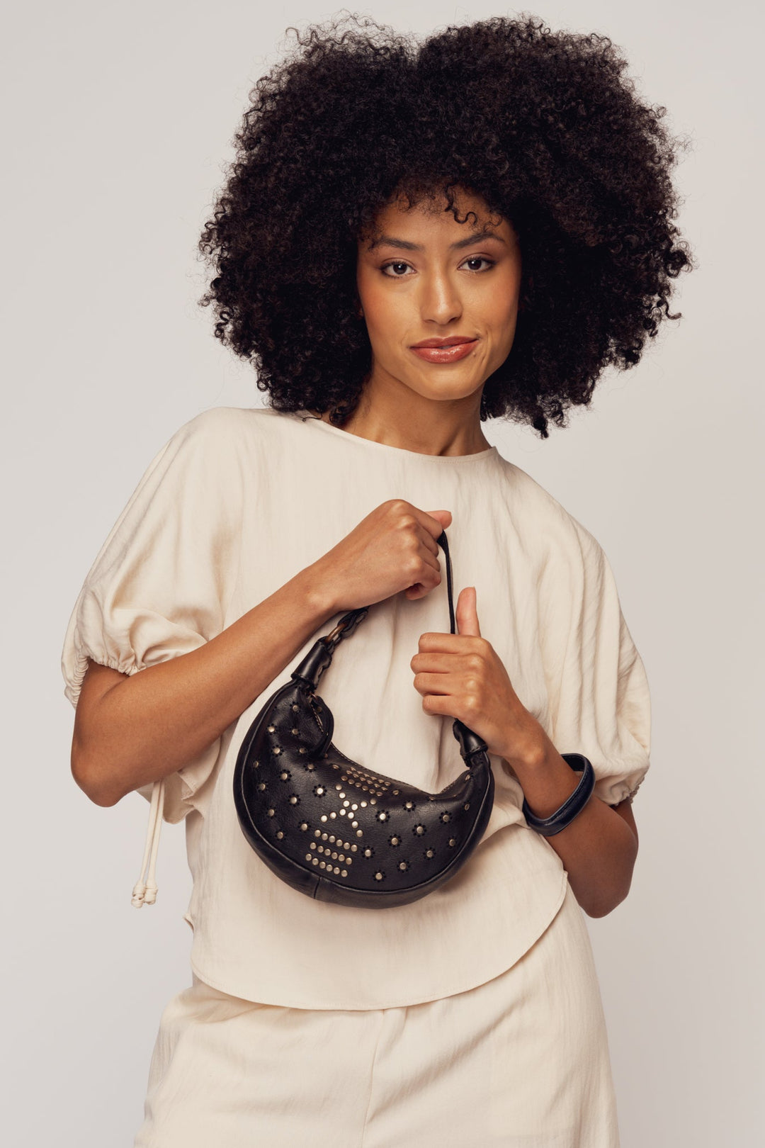 LUSHER MOON BAG BLACK, BLACK LEATHER MINI BAG, MINI MOON BAG BLACK WITH STUDS, LUSHER + BAYSIDE84 COLLAB, STUDDED BLACK LEATHER BAG