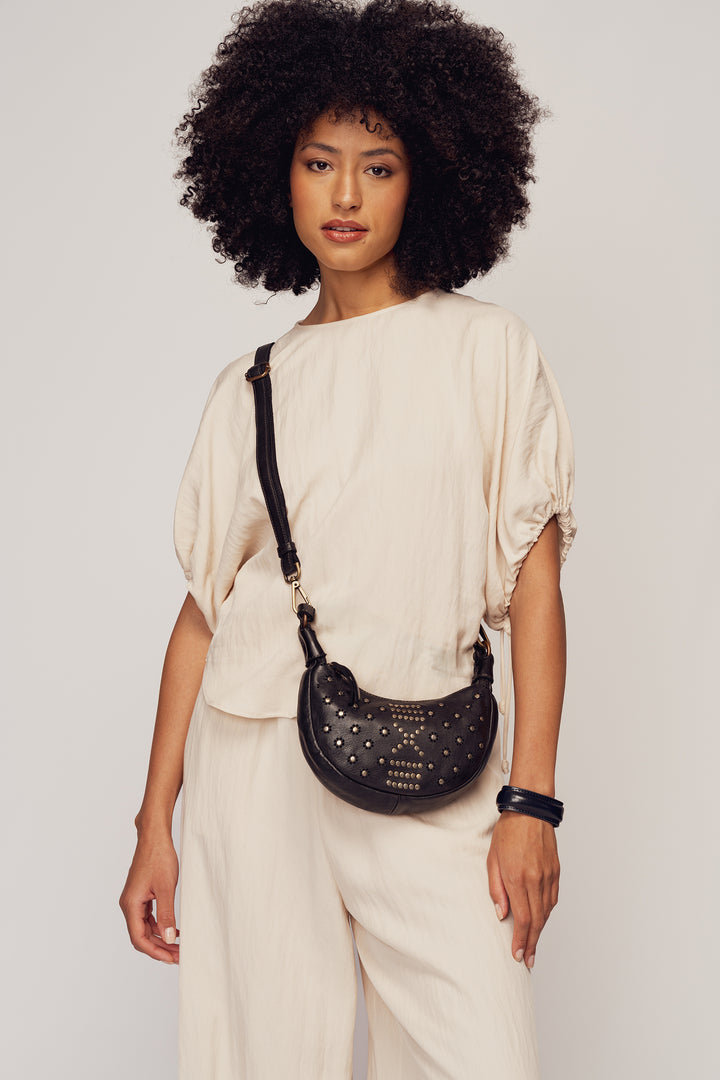 LUSHER MOON BAG BLACK, BLACK LEATHER MINI BAG, MINI MOON BAG BLACK WITH STUDS, LUSHER + BAYSIDE84 COLLAB, STUDDED BLACK LEATHER BAG