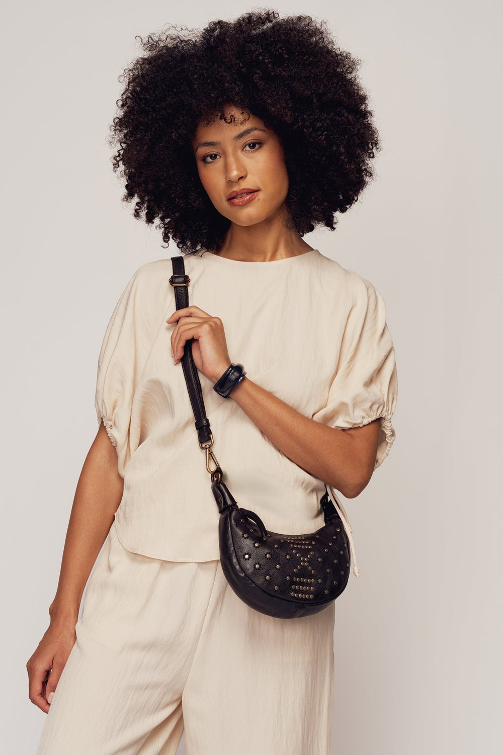 LUSHER MOON BAG BLACK, BLACK LEATHER MINI BAG, MINI MOON BAG BLACK WITH STUDS, LUSHER + BAYSIDE84 COLLAB, STUDDED BLACK LEATHER BAG