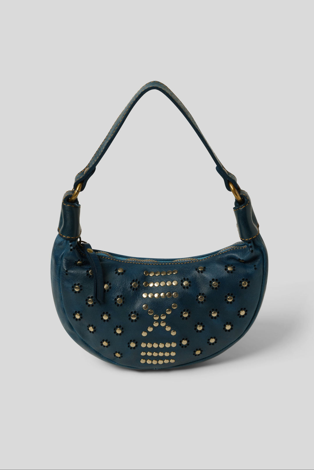 LUSHER BAYSIDE84 MINI MOON BAG BLUE, BLUE MINI CROSSBODY BAG, MINI BAG MOON SHAPED, MOON CROSSBODY BAG, BLUE STUDDED MINI BAG