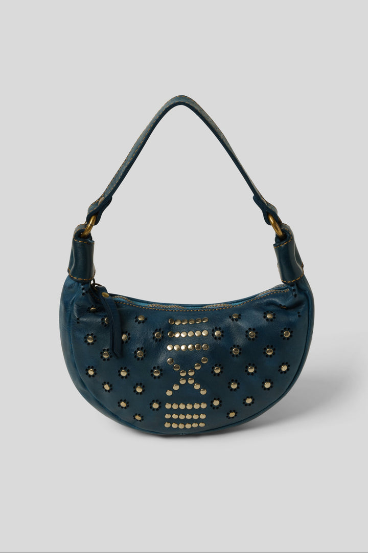 LUSHER BAYSIDE84 MINI MOON BAG BLUE, BLUE MINI CROSSBODY BAG, MINI BAG MOON SHAPED, MOON CROSSBODY BAG, BLUE STUDDED MINI BAG