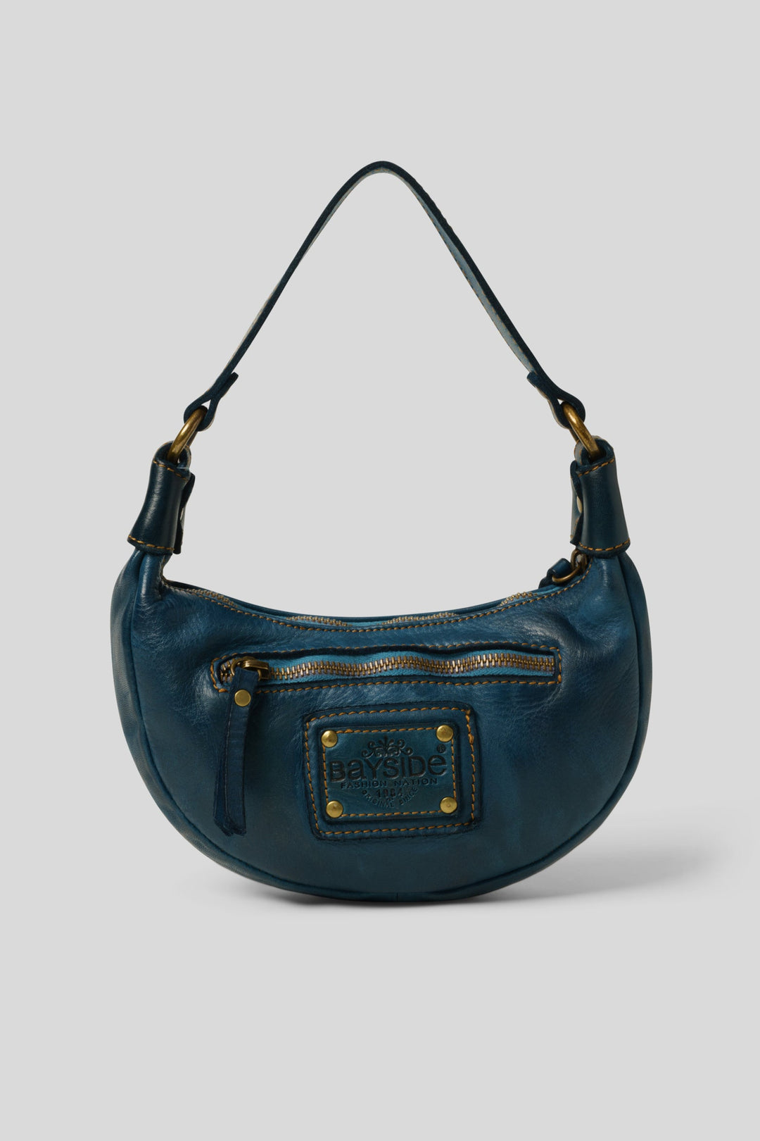 LUSHER BAYSIDE84 MINI MOON BAG BLUE, BLUE MINI CROSSBODY BAG, MINI BAG MOON SHAPED, MOON CROSSBODY BAG, BLUE STUDDED MINI BAG