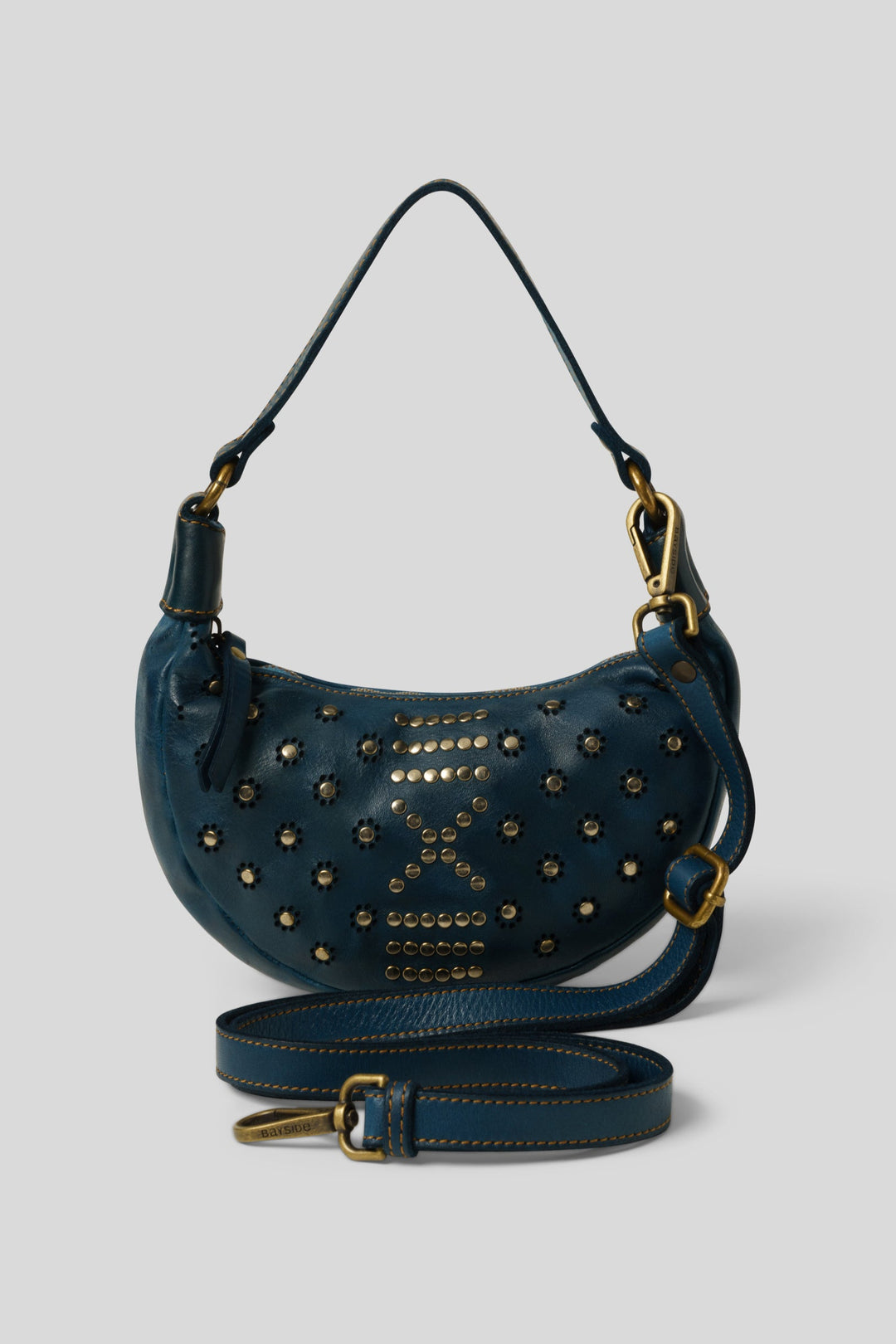 LUSHER BAYSIDE84 MINI MOON BAG BLUE, BLUE MINI CROSSBODY BAG, MINI BAG MOON SHAPED, MOON CROSSBODY BAG, BLUE STUDDED MINI BAG
