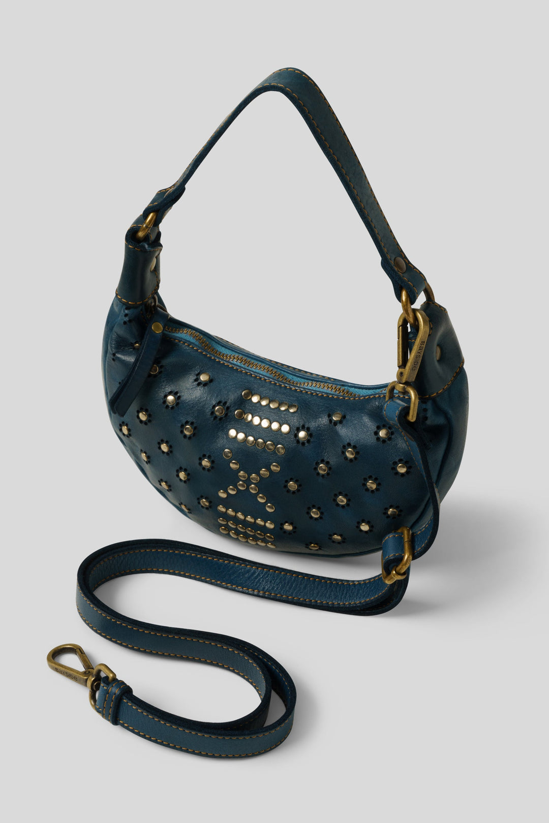 LUSHER BAYSIDE84 MINI MOON BAG BLUE, BLUE MINI CROSSBODY BAG, MINI BAG MOON SHAPED, MOON CROSSBODY BAG, BLUE STUDDED MINI BAG