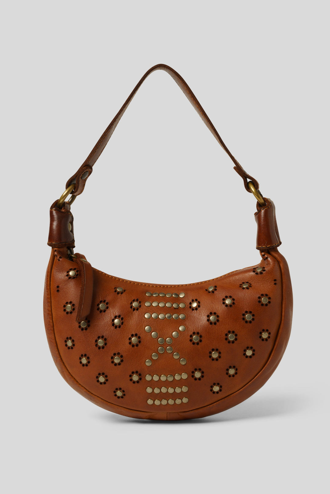 LUSHER BAYSIDE84 MINI MOON BAG WITH STUDS, COGNAC LEATHER  MINI BAG, COGNAC CROSSBODY MINI BAG, MOON SHAPED MINI BAG AND CROSSBODY