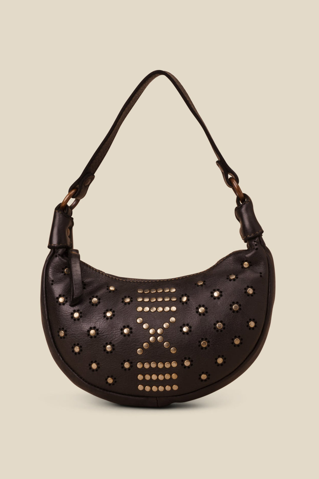 LUSHER MOON BAG BLACK, BLACK LEATHER MINI BAG, MINI MOON BAG BLACK WITH STUDS, LUSHER + BAYSIDE84 COLLAB, STUDDED BLACK LEATHER BAG