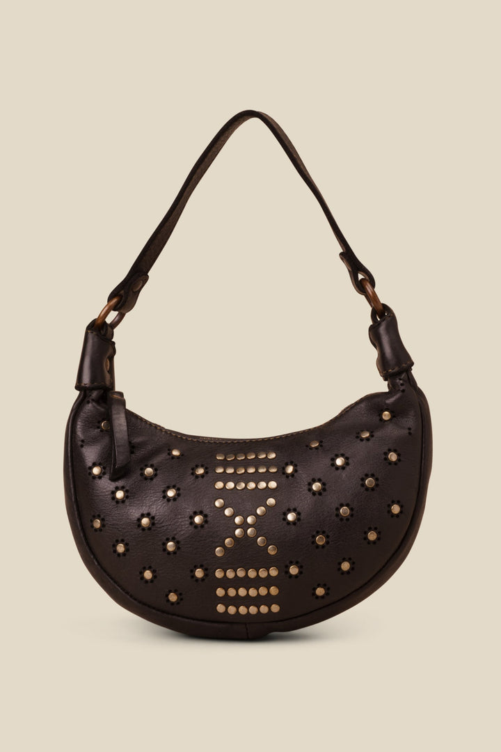 LUSHER MOON BAG BLACK, BLACK LEATHER MINI BAG, MINI MOON BAG BLACK WITH STUDS, LUSHER + BAYSIDE84 COLLAB, STUDDED BLACK LEATHER BAG