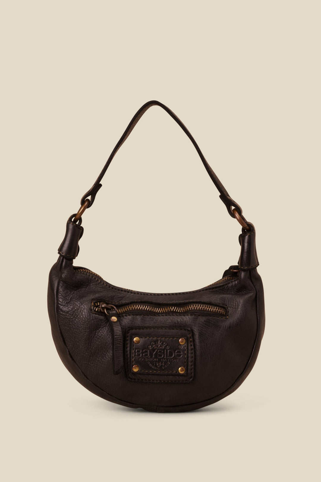 LUSHER MOON BAG BLACK, BLACK LEATHER MINI BAG, MINI MOON BAG BLACK WITH STUDS, LUSHER + BAYSIDE84 COLLAB, STUDDED BLACK LEATHER BAG