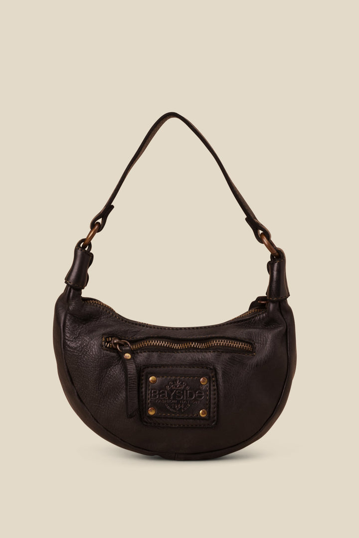 LUSHER MOON BAG BLACK, BLACK LEATHER MINI BAG, MINI MOON BAG BLACK WITH STUDS, LUSHER + BAYSIDE84 COLLAB, STUDDED BLACK LEATHER BAG