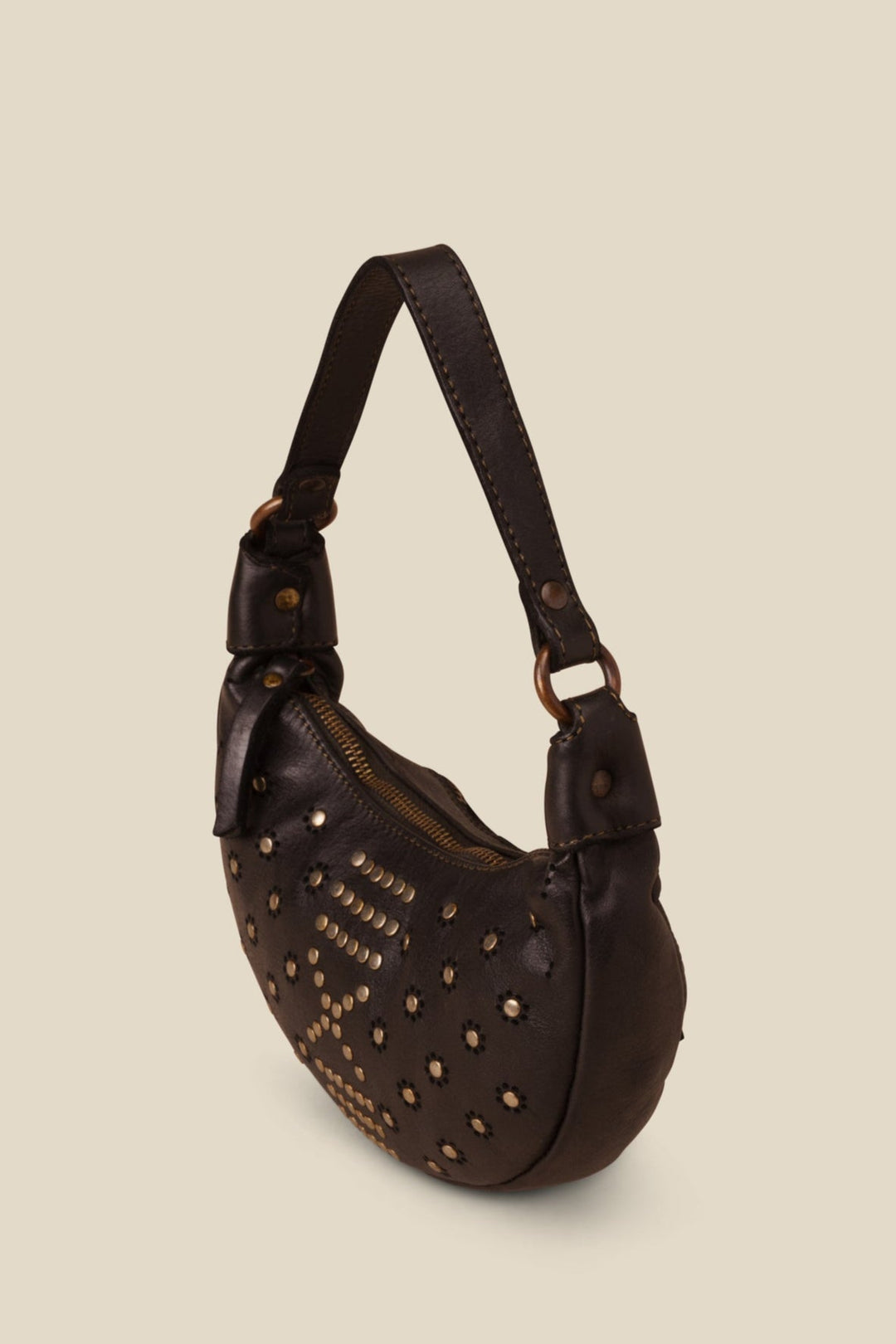 LUSHER MOON BAG BLACK, BLACK LEATHER MINI BAG, MINI MOON BAG BLACK WITH STUDS, LUSHER + BAYSIDE84 COLLAB, STUDDED BLACK LEATHER BAG