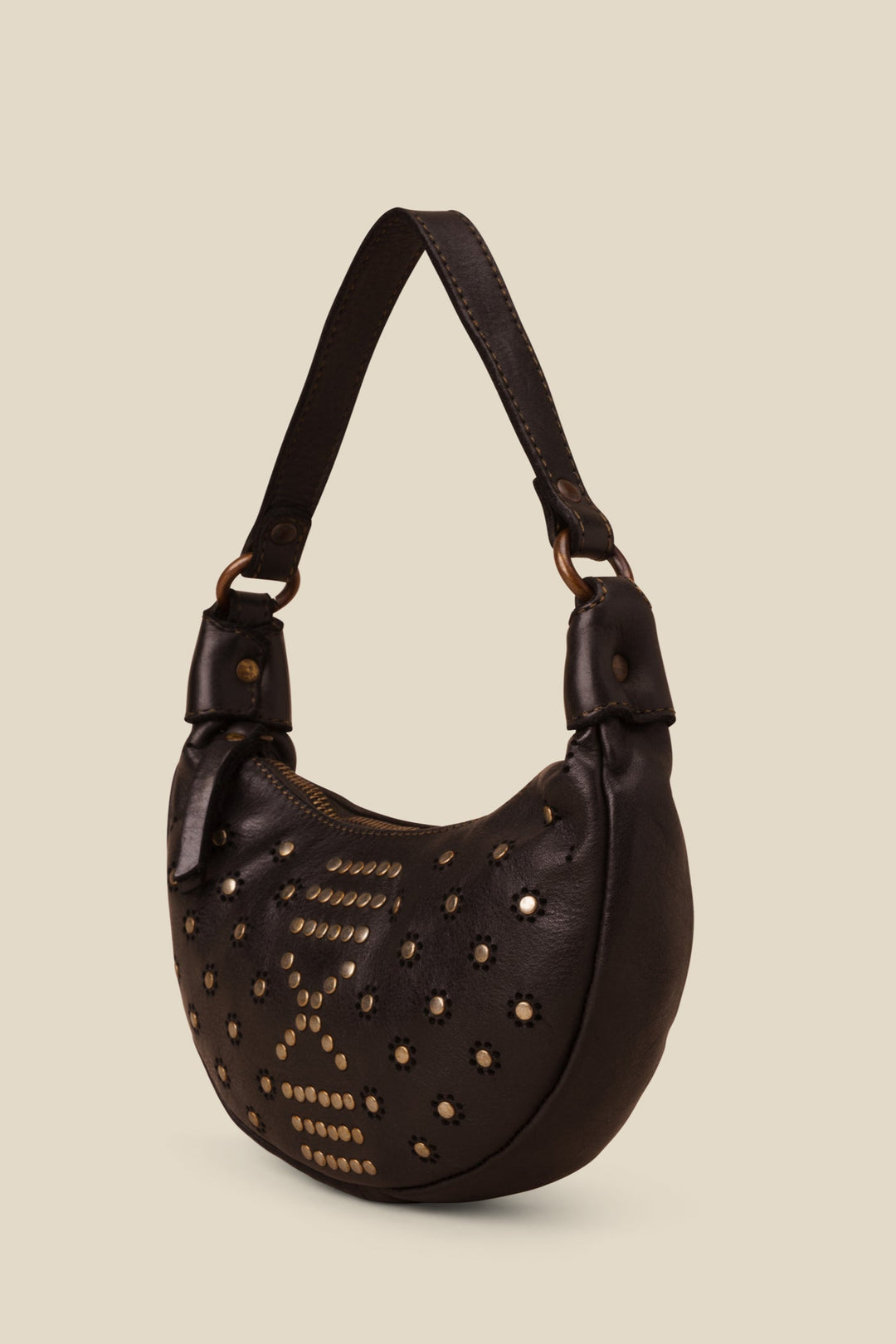 LUSHER MOON BAG BLACK, BLACK LEATHER MINI BAG, MINI MOON BAG BLACK WITH STUDS, LUSHER + BAYSIDE84 COLLAB, STUDDED BLACK LEATHER BAG