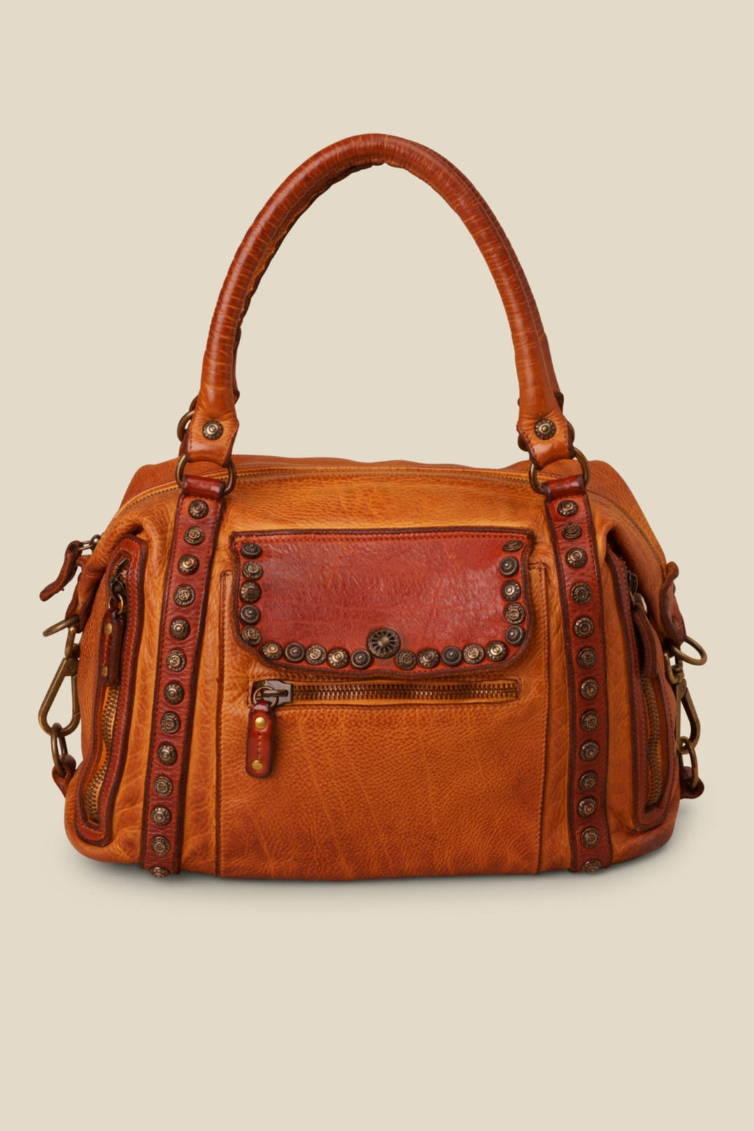 LUSHER MOTORCYCLE BAG COGNAC, BAYSIDE84 + LUSHER COLLAB, MOTOCYCLE HANDBAG, BOXY LEATHER HANDBAG, CONVERTIBLE HANDBAG, STUDDED CROSSBODY HANDBAG, MADE IN ITALY BAGS, VINTAGE LEATHER BAGS