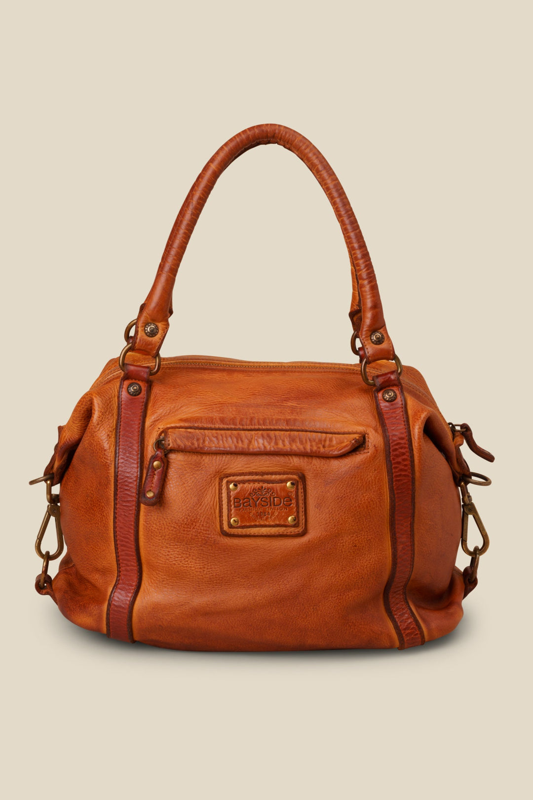 LUSHER MOTORCYCLE BAG COGNAC, BAYSIDE84 + LUSHER COLLAB, MOTOCYCLE HANDBAG, BOXY LEATHER HANDBAG, CONVERTIBLE HANDBAG, STUDDED CROSSBODY HANDBAG, MADE IN ITALY BAGS, VINTAGE LEATHER BAGS